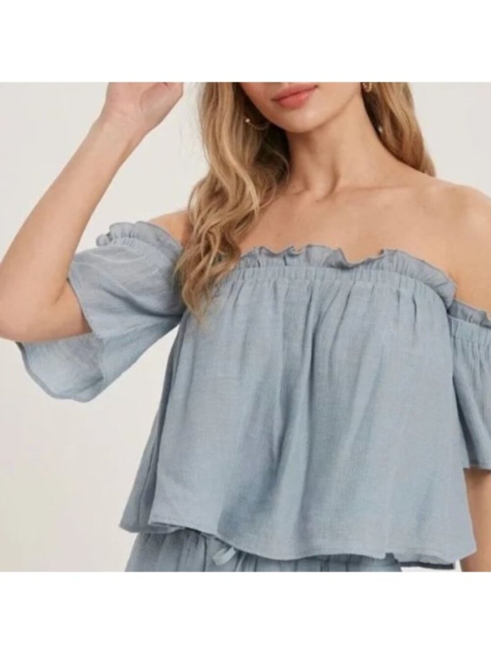 Bluivy Ruffle Hem Top‎ In Chambray Shirt Off Shoulder Cropped Large Blue New